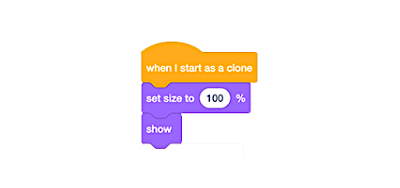 A stack of code blocks, top to bottom: when I start as clone, set size to 100%, and show.
